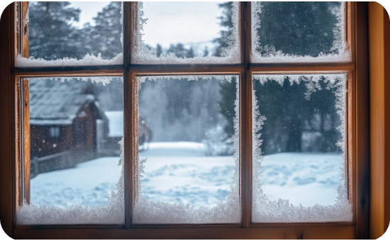 Frozen window showing outside with snow
