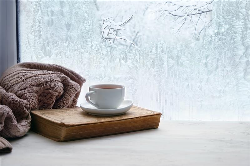 A cup of tea sits on a closed book beside a  cozy knitted blanket, with a frosty window in the background. 